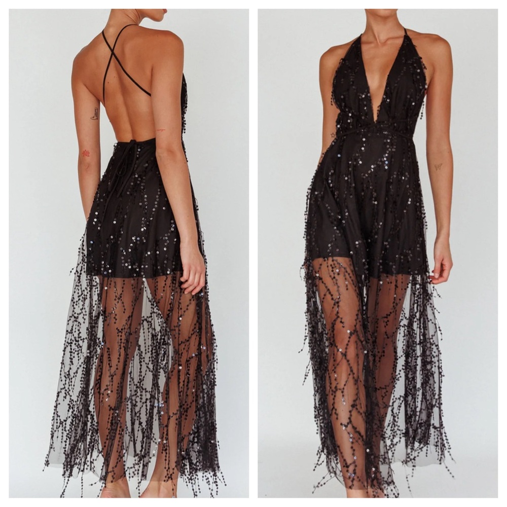 TIARA SEQUIN BLACK MAXI DRESS BY SELFIE LESLIE FITS SIZE 6 WORN ONCE